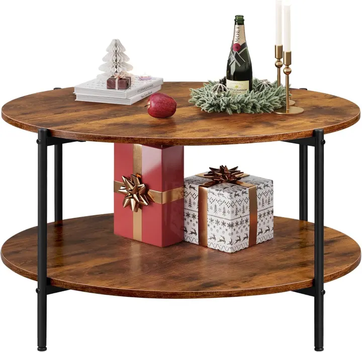 WLIVE 32.6-inch Round 2-Tier Coffee Table — Rustic Wood Accent Table