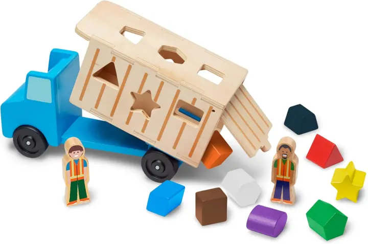 Wooden Shape-Sorting Dump Truck Toy — 9 Blocks + 2 Figures