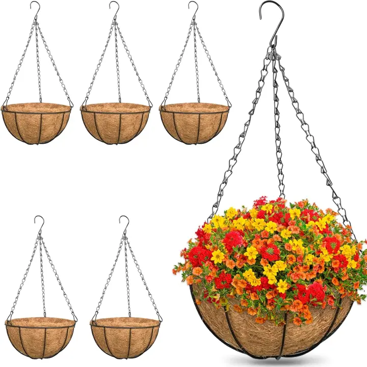 ZeeDix 6-Pack 12-Inch Metal Round Hanging Planters with Coco Liners